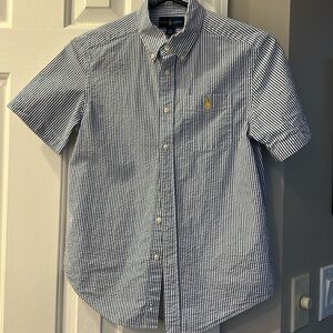 Ralph Lauren Polo Boys Blue White Striped Seersucker Short-Sleeve Shirt M 10/12